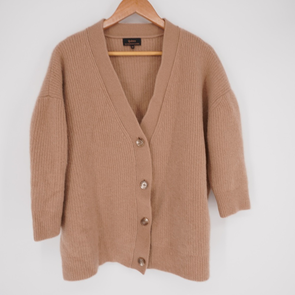 Quince 100% Mongolian Cashmere Cardigan Sweater Womens 2X Tan Boyfriend V Neck